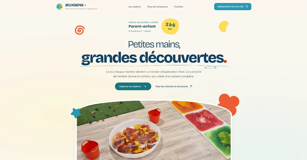 Site JEUXSENS, ateliers d’éveil sensoriel dans un univers doux et coloré